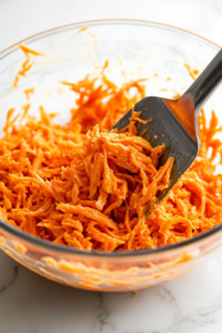 Adding shredded carrots to the batter