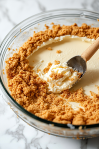 Mix graham cracker crumbs and butter, then press into the pan and up the sides